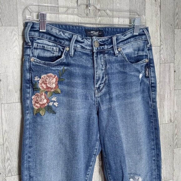 Silver Jeans Women's 28x25 Mazy Slim Crop Destroyed Floral Embroidered Boho Mom - Picture 4 of 16